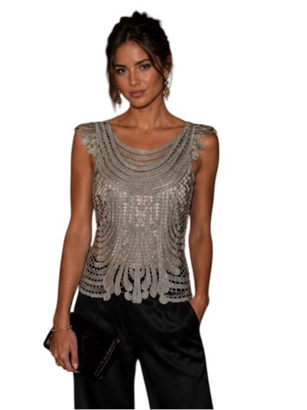 Spanish Designer Hoss Intropia Silver Crochet Lace Top, Gray Cami, Elegant, M